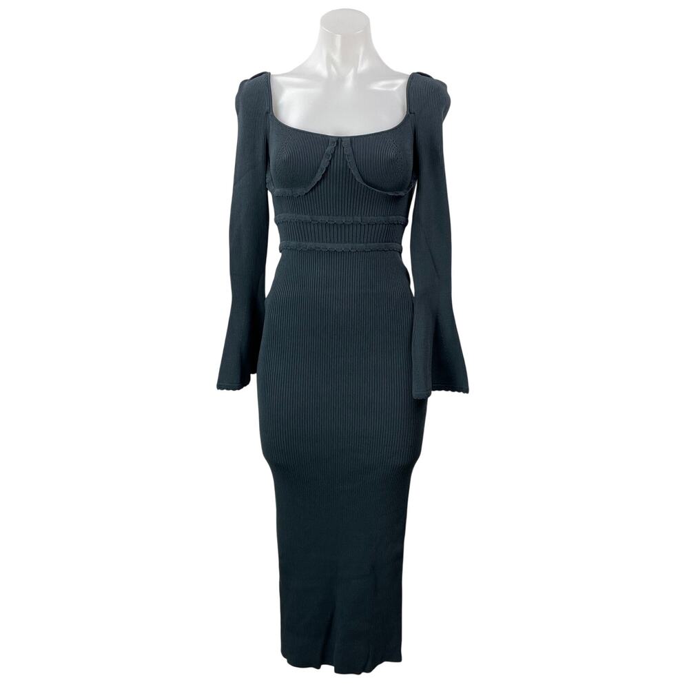 NEW Self-Portrait Scallop Edge Dark Gray Long Bell Sleeves Rib Knit Midi Dress S
